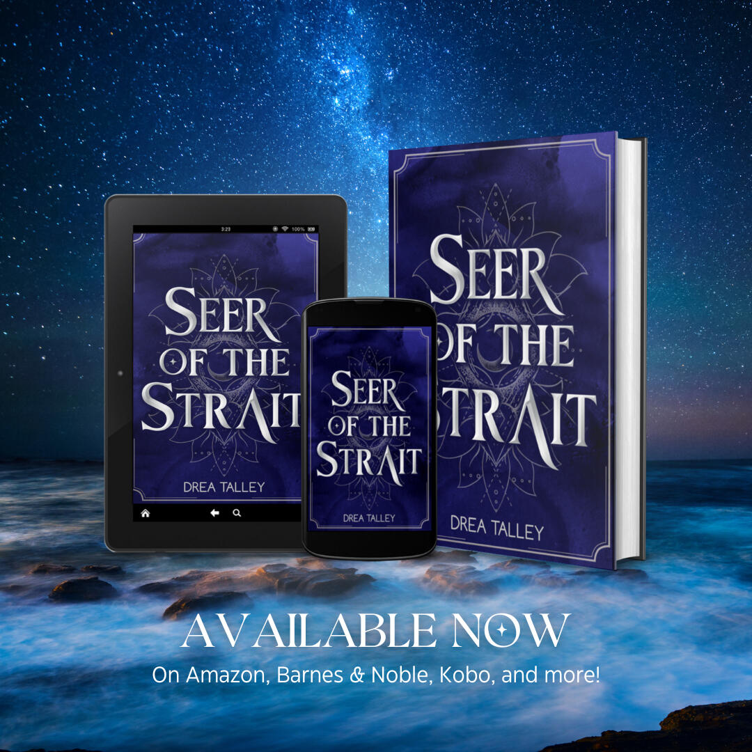 Seer of the Strait The novel Seer of the Strait in hardcover, mobile, and e-reader formats in the foreground, set against a background of a starry night over the ocean.